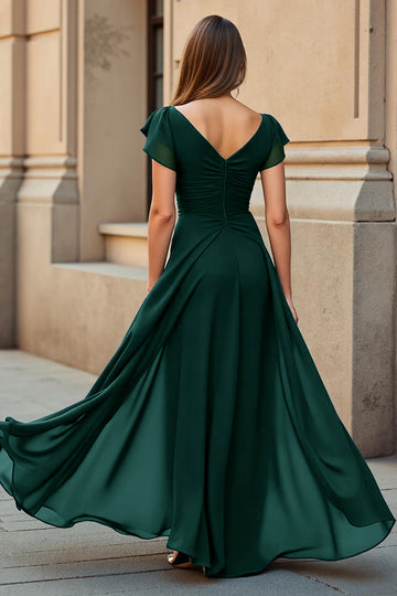 Pine Long Chiffon A Line V-Neck Mother of the Bride Dress